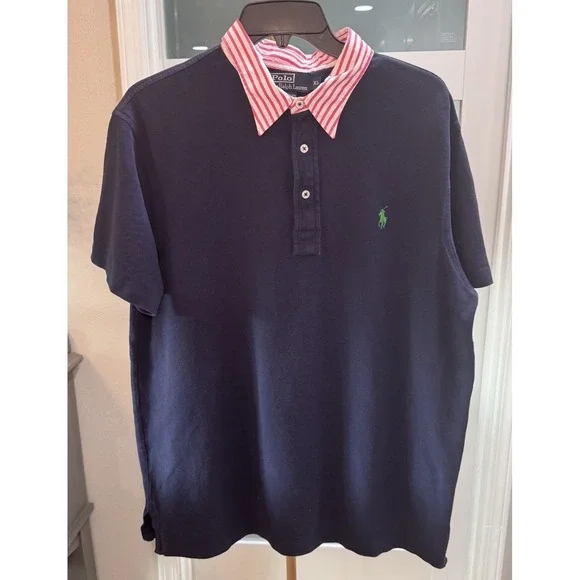 Polo Ralph Lauren Polo Classic Fit Blue Short Sleeve Mens XL Pink Stripe Collar - Picture 1 of 12